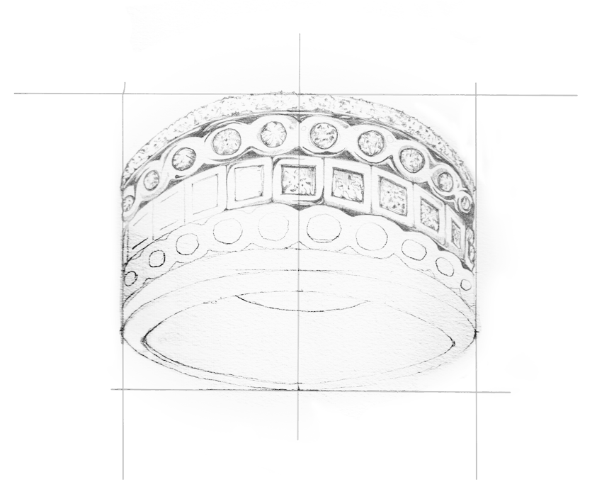 Croquis de la bague emblematique : or 750 blanc diamant 1,51 carat 