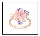 Bague or 375 rose pierre fine perle diamant et nacre