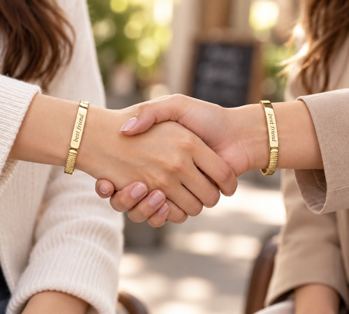 "Best Friend" engraved bracelets, worn during a handshake