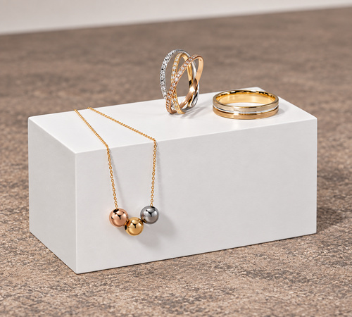 Rings, necklaces, and hoop earrings made from recycled gold